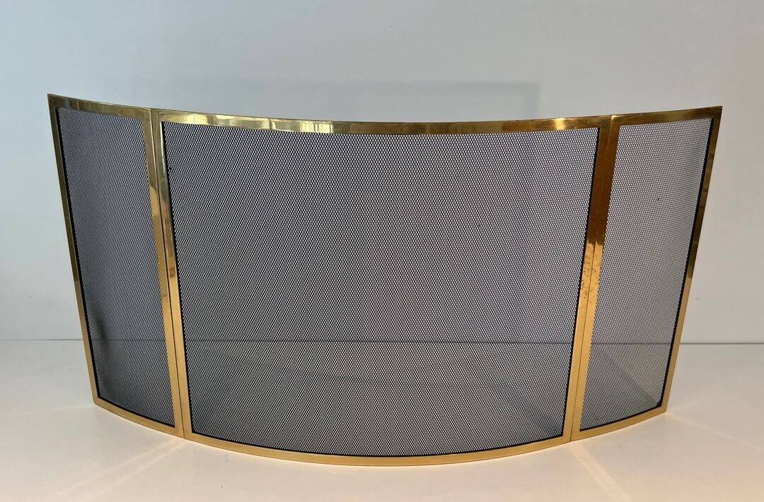 Curved Three-Panel Fire Screen in Polished Brass and Black Grille, in Style of
