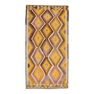 5x10 Kilim Mustard Yellow Geometric Style Area Vintage Kilim Rug,152x296 Cm
