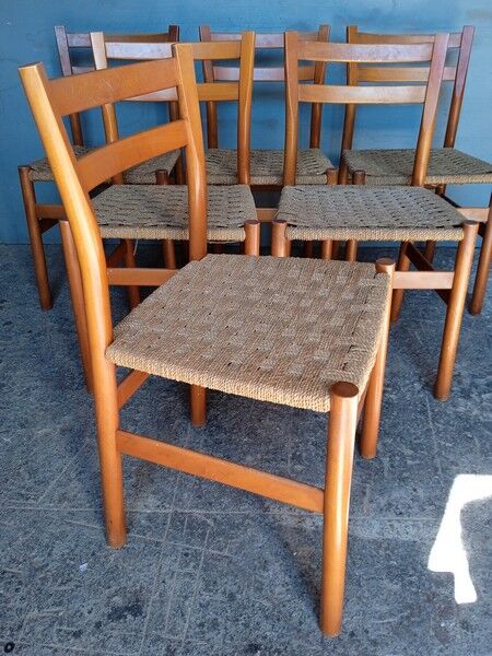 6 Scandinavian chairs wood and rope period 1960