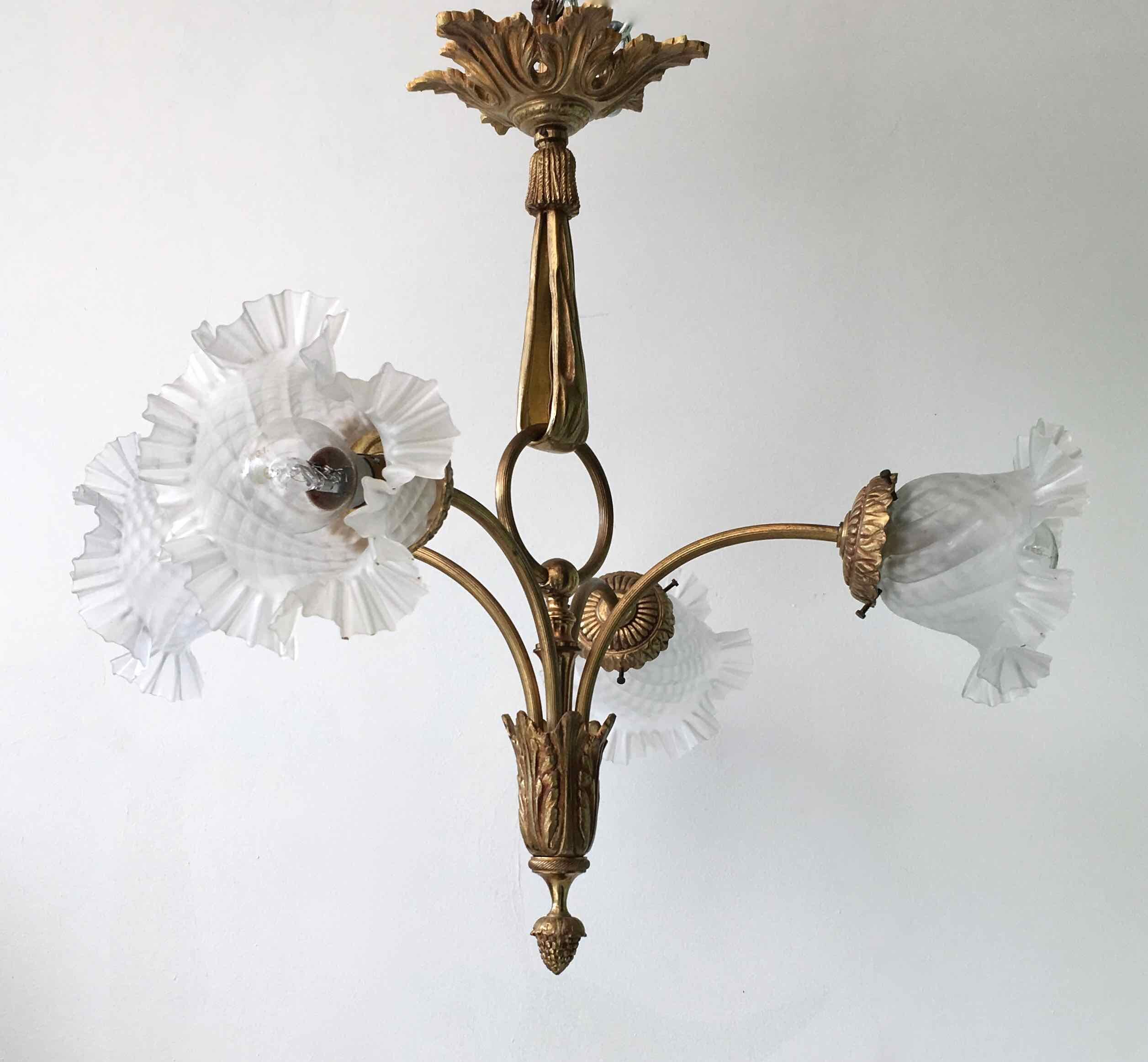 Art nouveau chandelier bronze and pressed glass