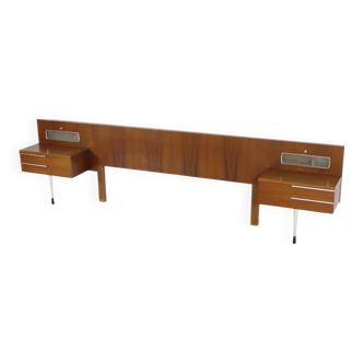 Vintage double bed headboard bedroom set in teak + nightstands & lighting