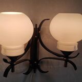 Opaline double globe wall lamp, wrought iron and brass - 50s/60s