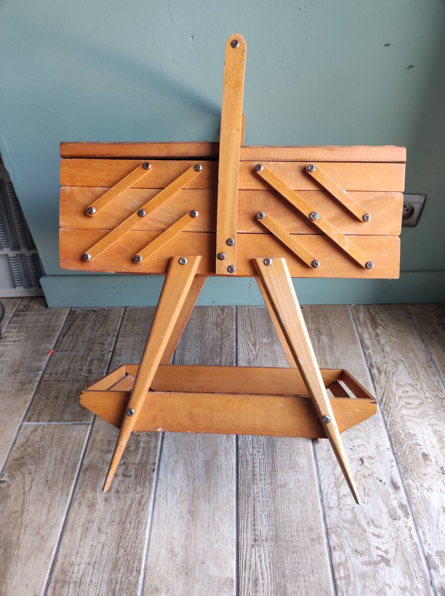 Sewing box worker wood feet compass vintage Scandinavian design