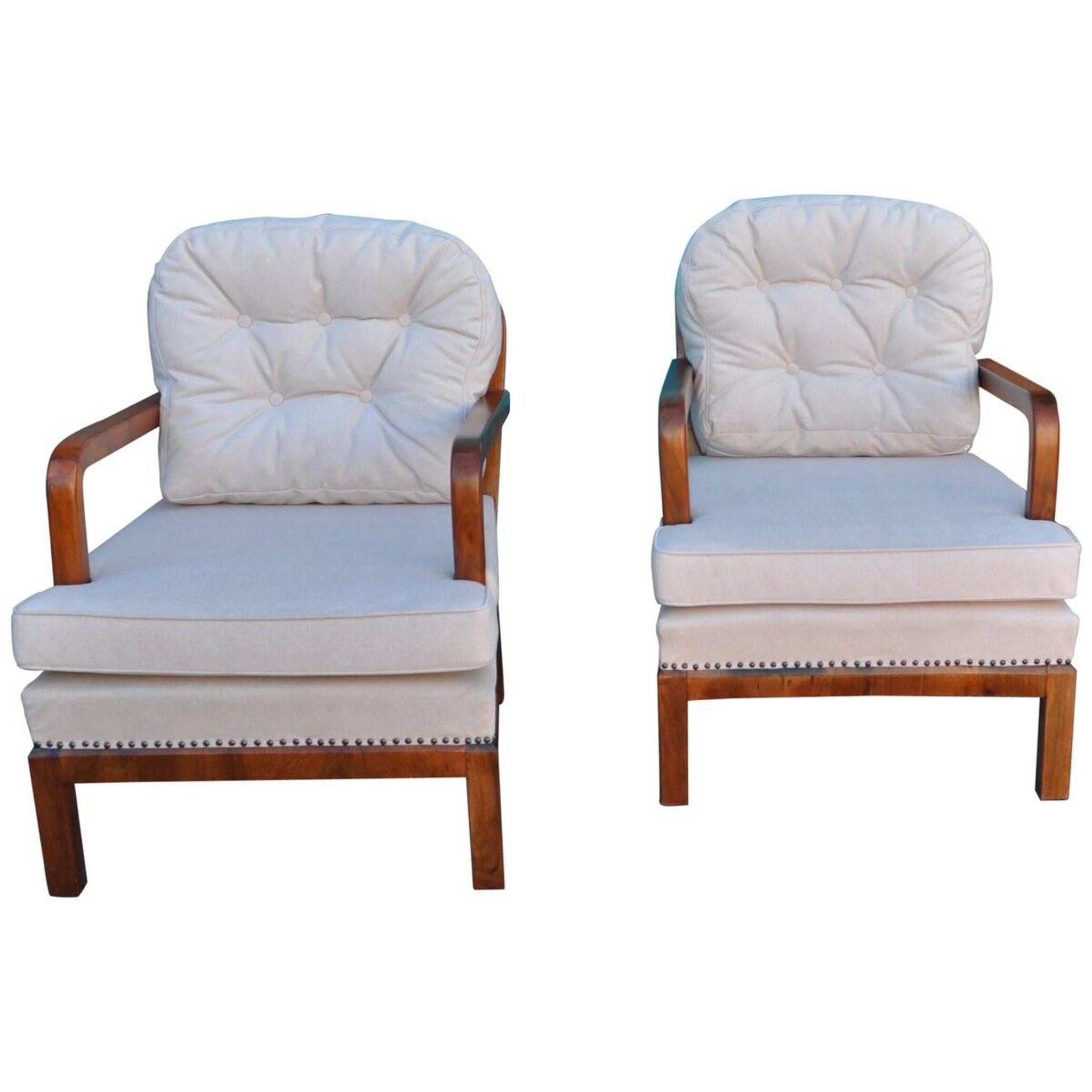 Pair of Art Deco brown and cream chairs in cherry wood and fabric, 1930s.
