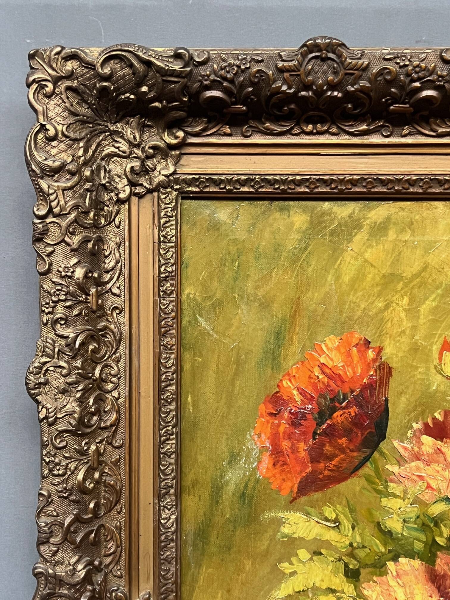 H.J. van Wijngaarden (1906–1986). Antique still life with poppies in a beautiful baguette frame.