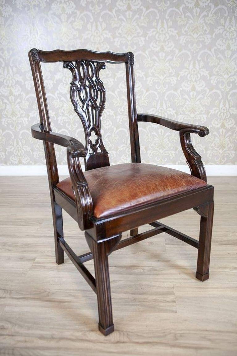 Late-19th Century English Walnut Chairs with Leather Upholstery, 1920s, Set of 4