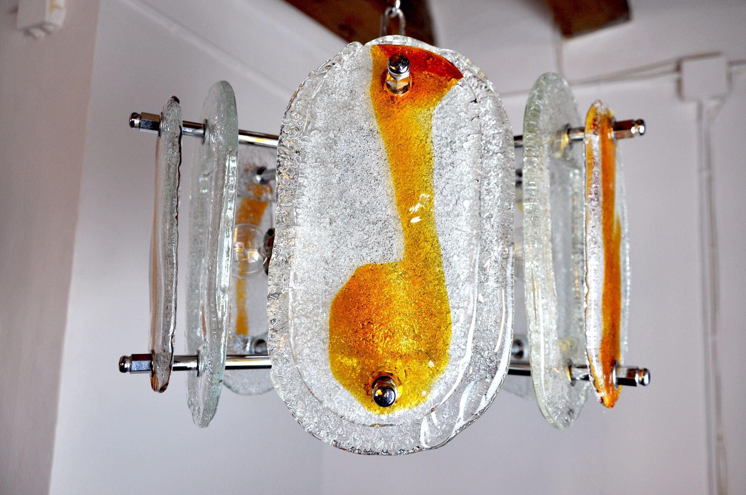Murano mazzega chandelier, orange frosted glass, italy, 1970