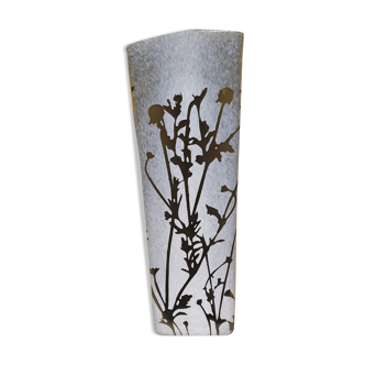 Vase ancien en verre double gris feuillages noirs