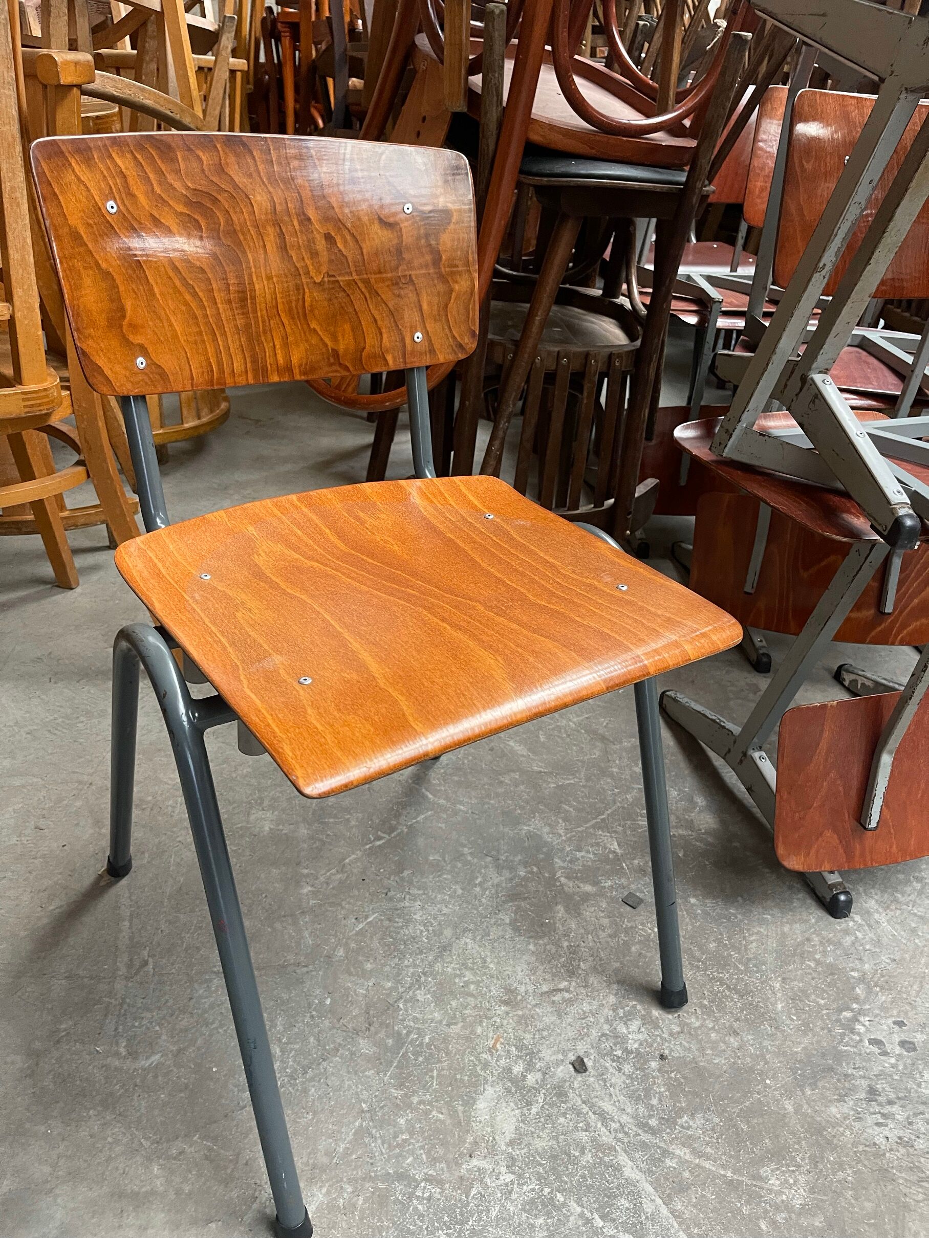 Set of 7 school chairs Eromes dark wood, 60s, Netherlands
