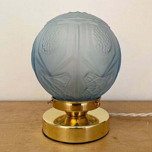 Lampe à poser globe vintage art déco en verre dépoli bleu