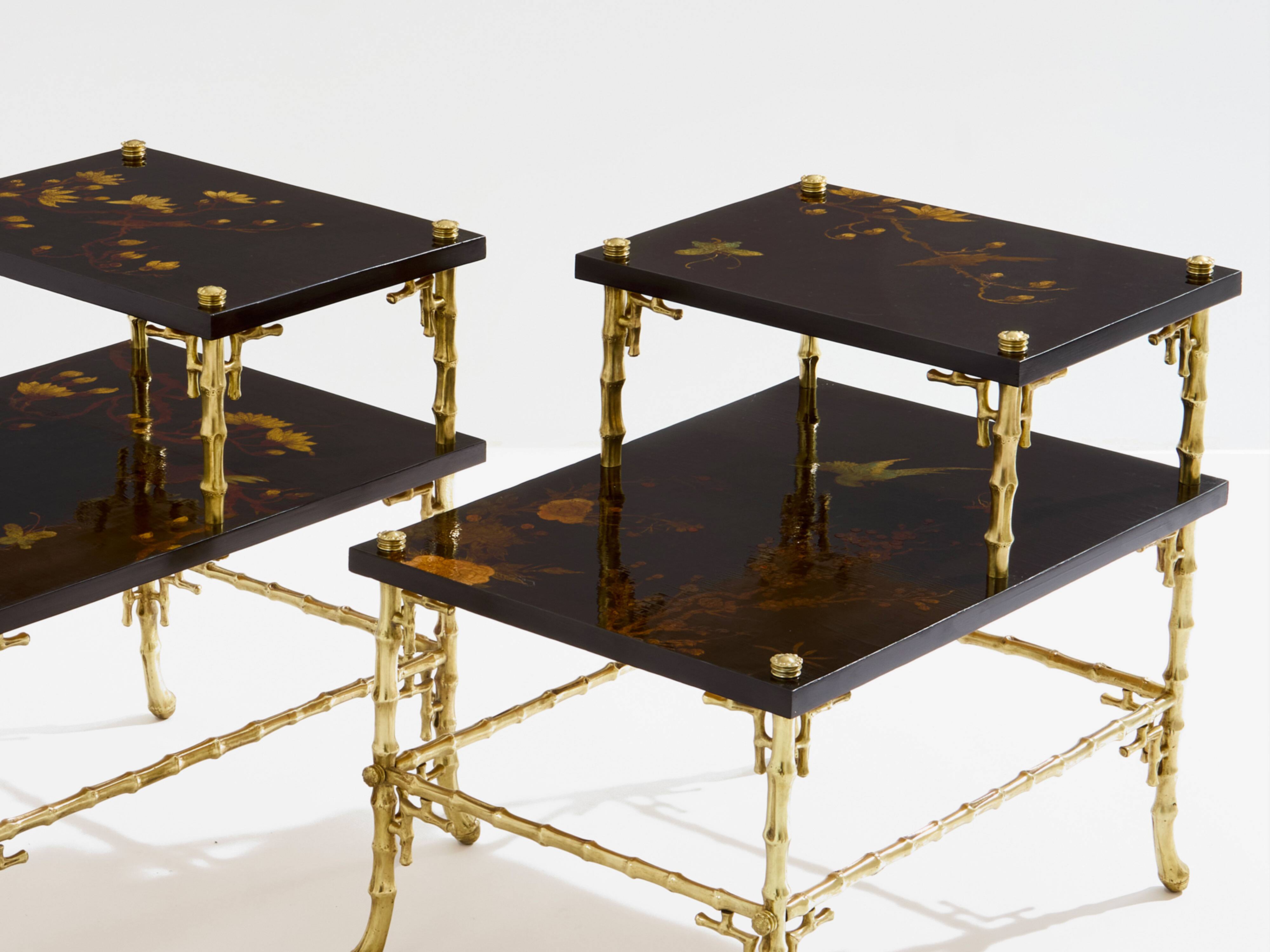 Bamboo bronze lacquered Chinese side tables Maison Baguès 1940