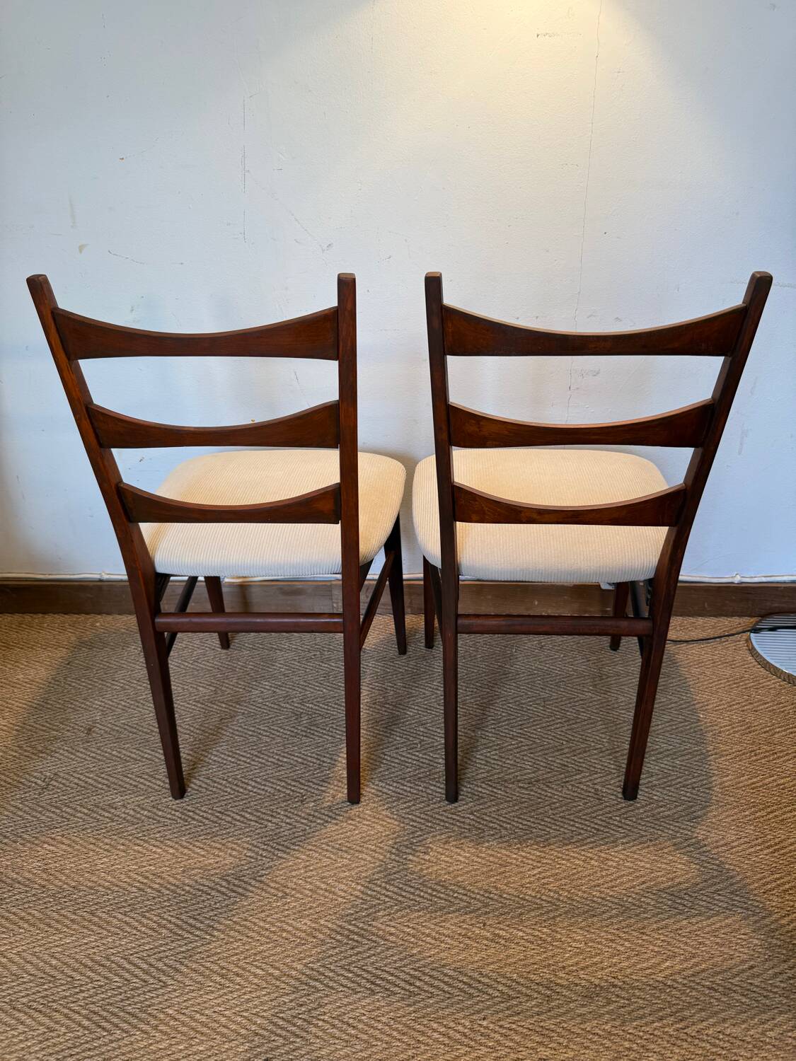 Pair of vintage wood and corduroy chairs