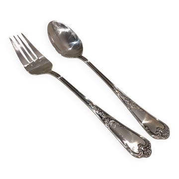 Cuillère et fourchette à ragout en métal argenté orfèvre Ercuis Louis XV