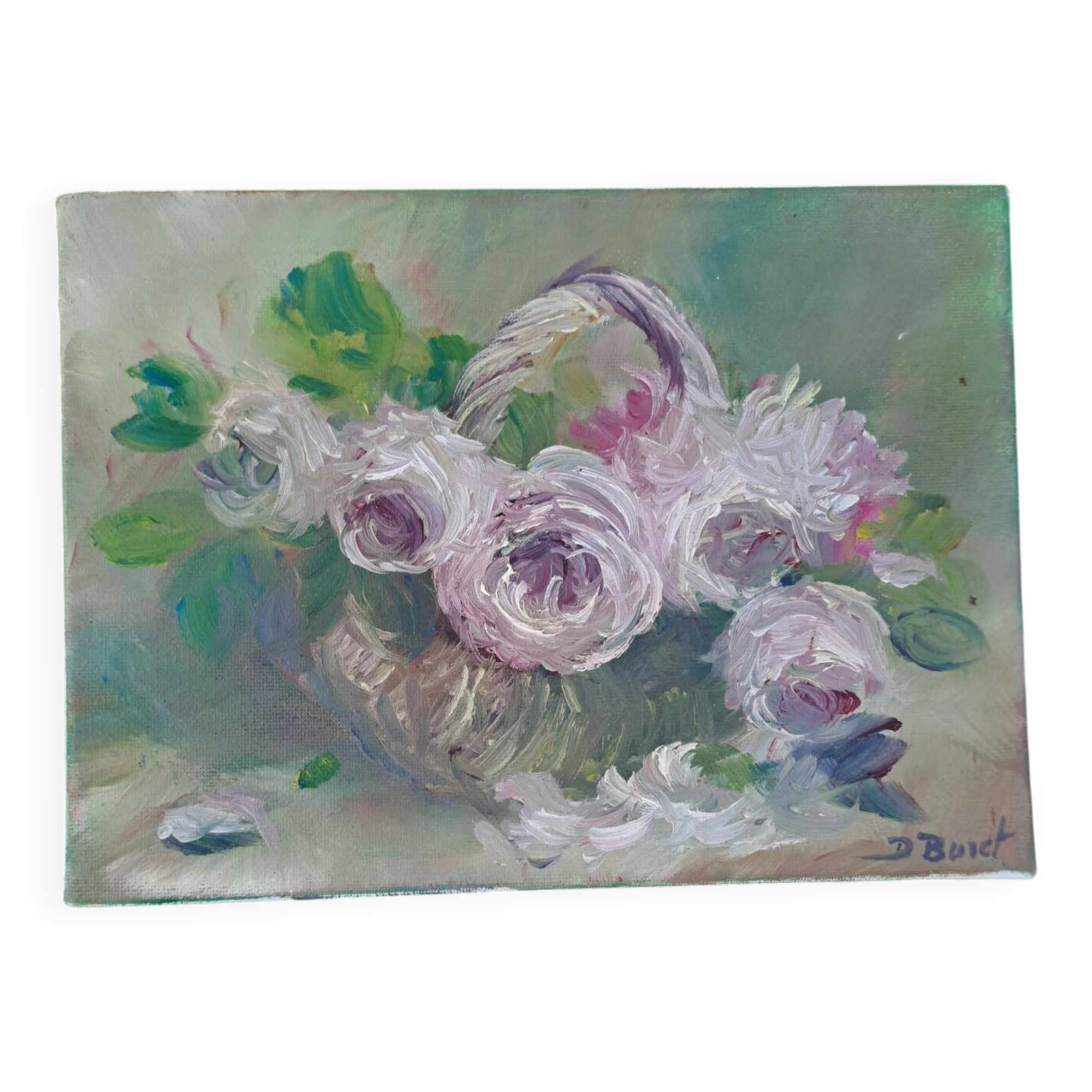 Oil on canvas basket and flowers signed