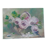 Oil on canvas basket and flowers signed