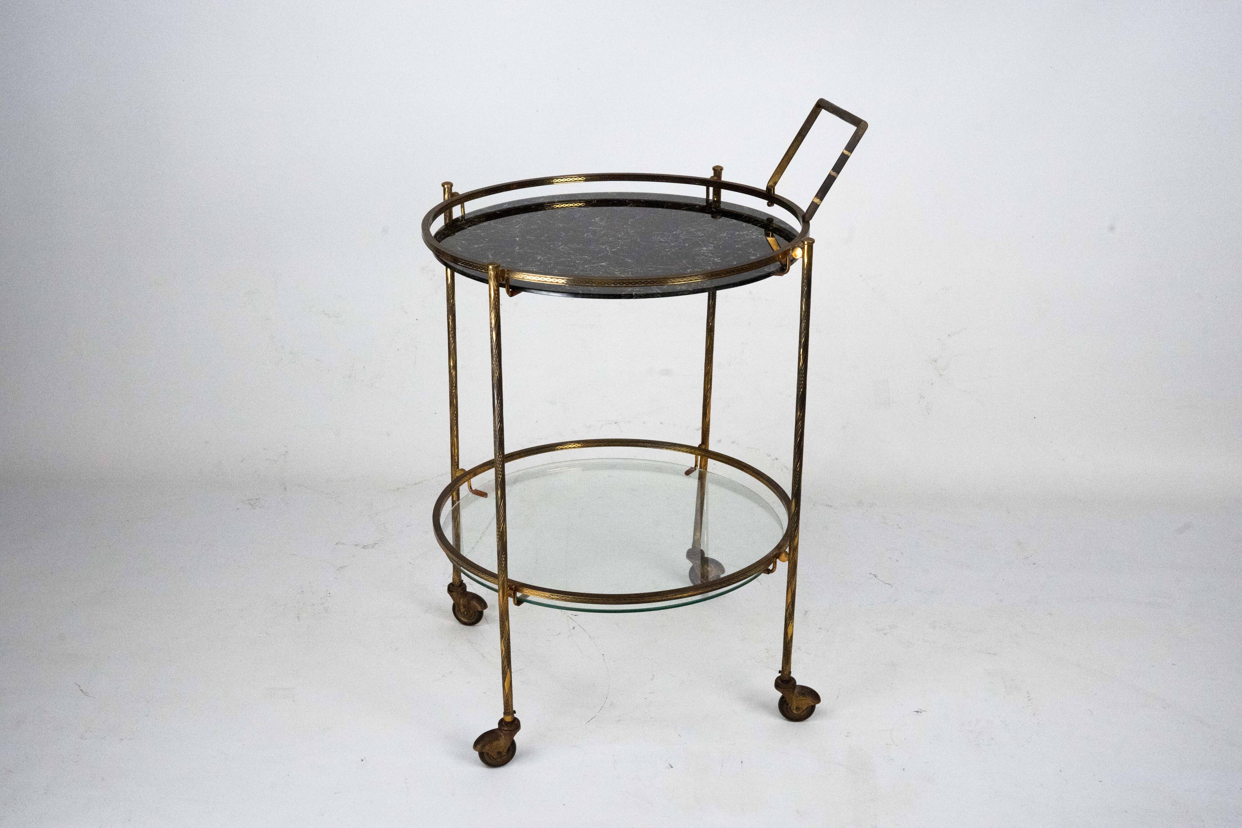 Round Mid-Century Brass and Marble-Effect Glass Bar Cart. Italy 1950s