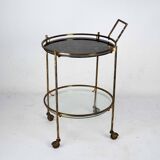 Round Mid-Century Brass and Marble-Effect Glass Bar Cart. Italy 1950s