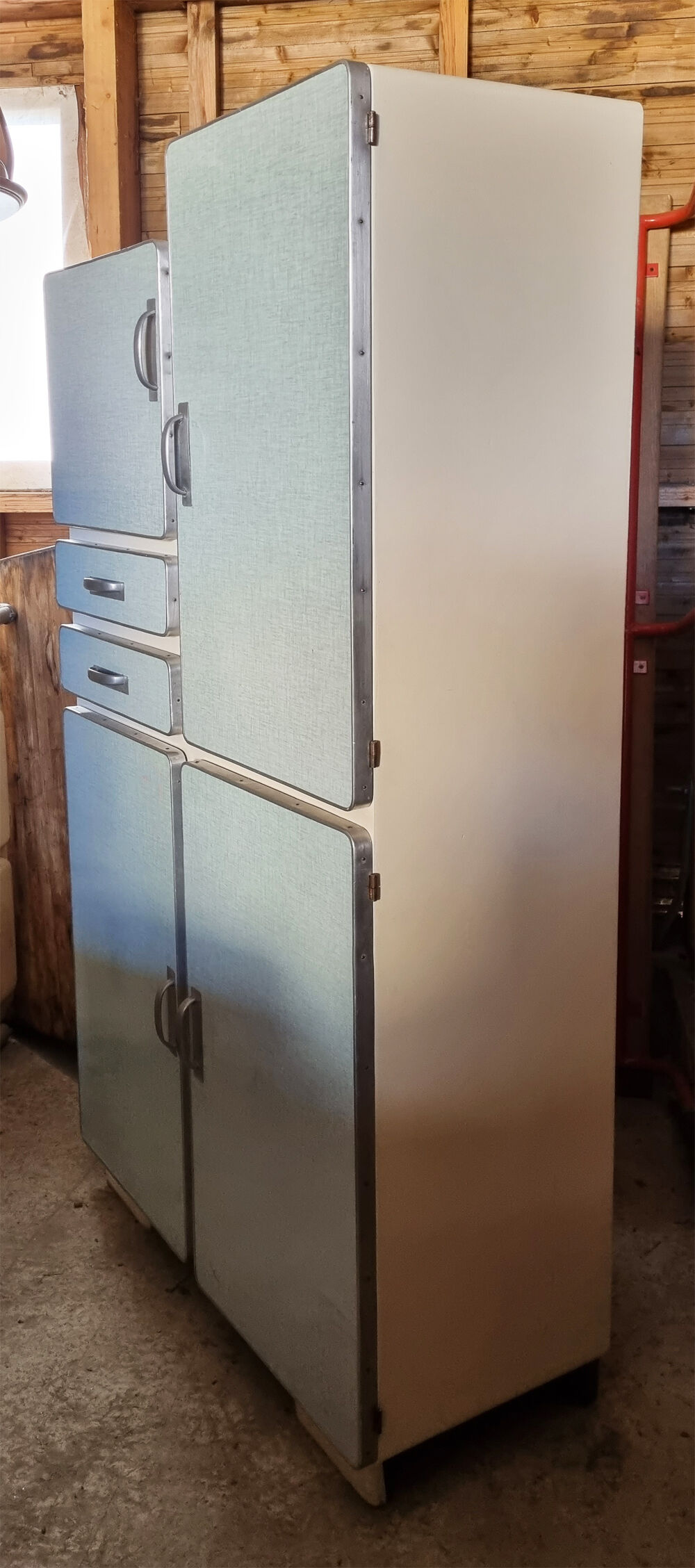 Buffet formica asymétrique, vert pâle, aluminium, vintage, années 50