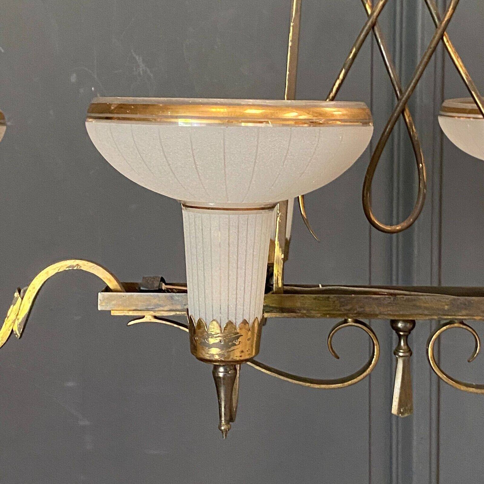 Chandelier in gilded metal 1950 6 lights cut in frosted glass
