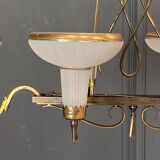 Chandelier in gilded metal 1950 6 lights cut in frosted glass