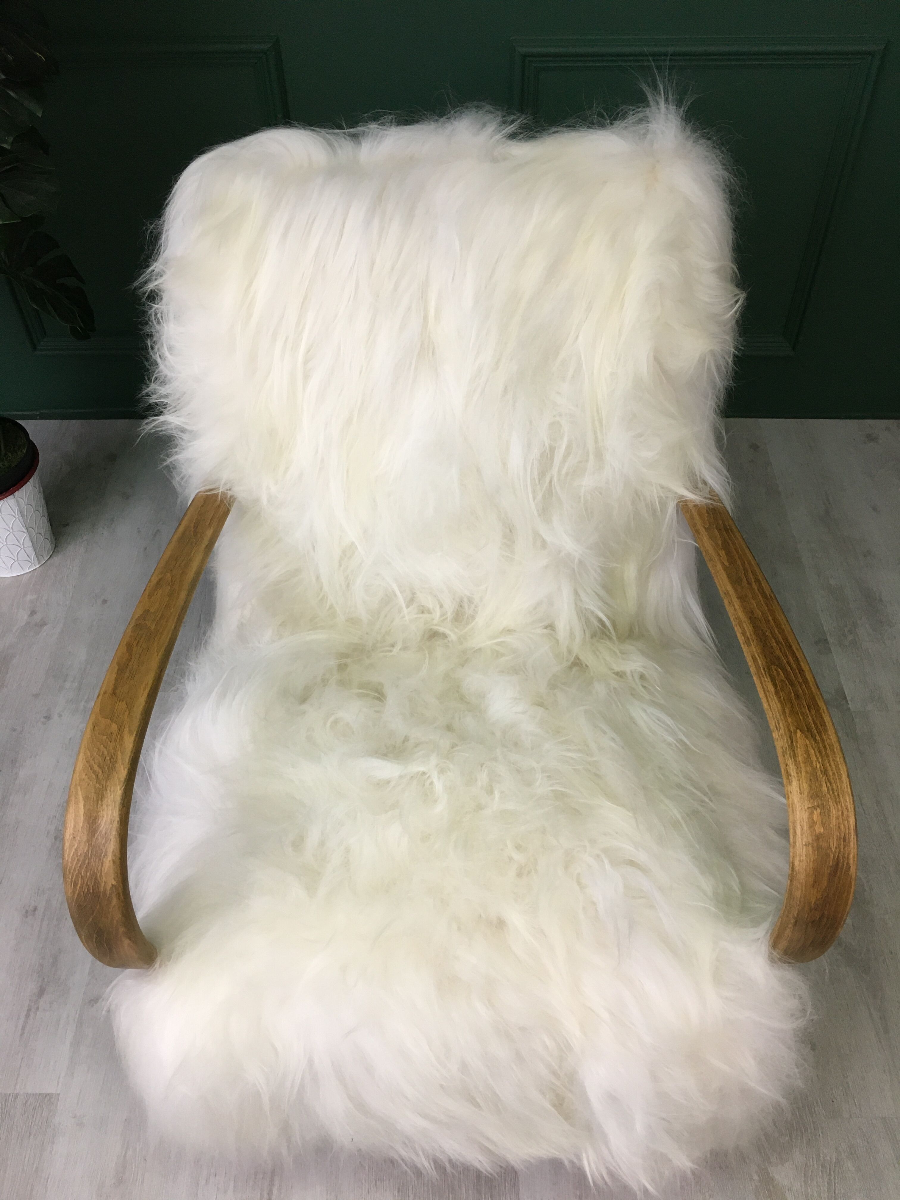 White fluffy sheepskin bentwood armchair halabala