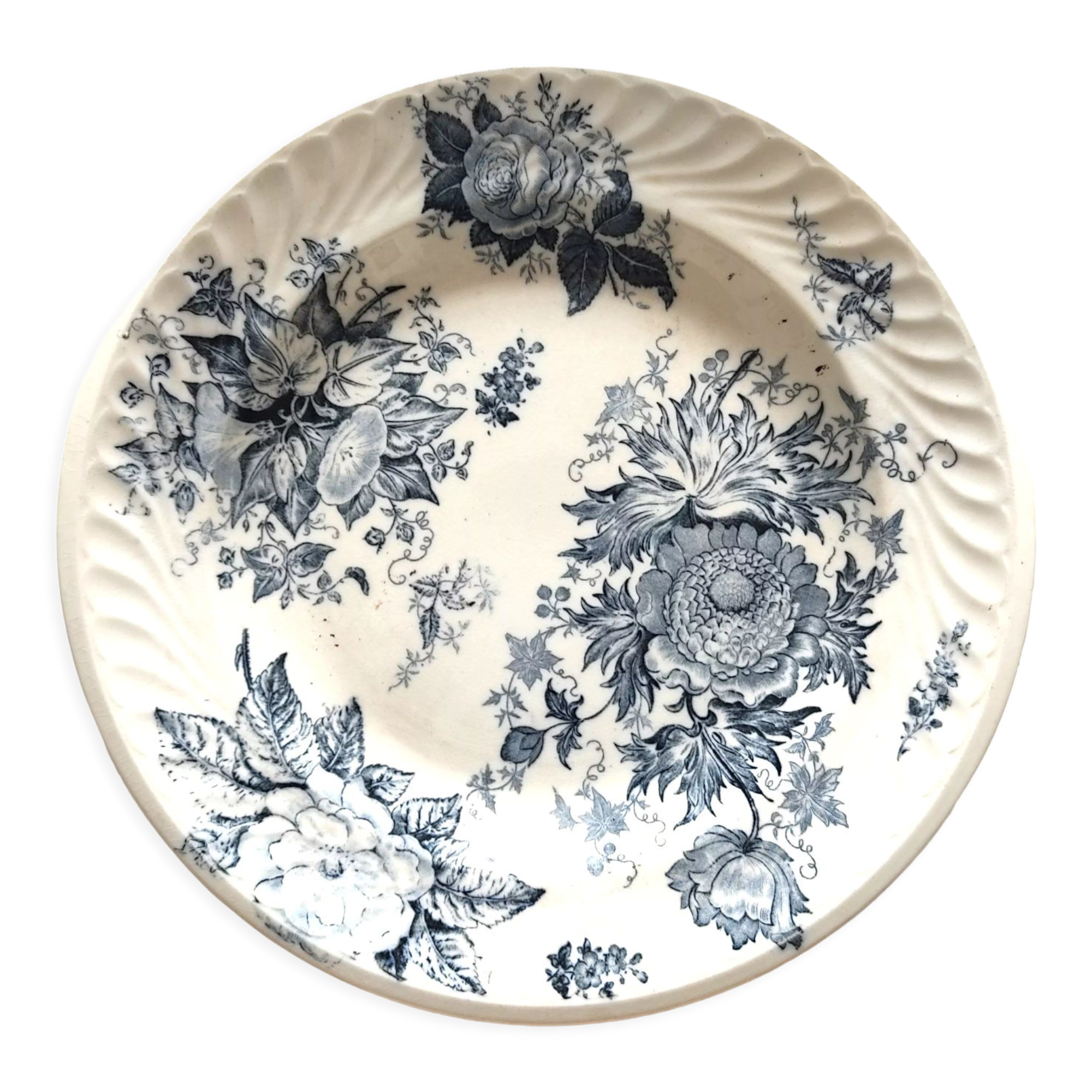 Flat earthenware blue flowers model Glory 31.5 cm