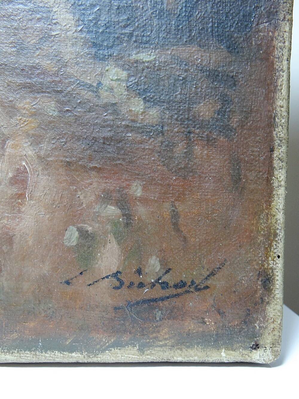 Large painting farm on pond old 19th century signature oil on linen canvas