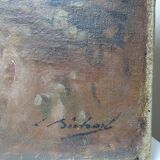 Large painting farm on pond old 19th century signature oil on linen canvas