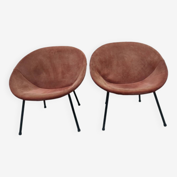 Pair of vintage suede balloon armchairs