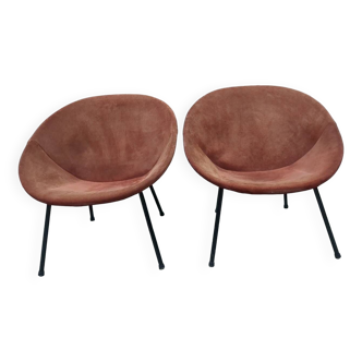 Pair of vintage suede balloon armchairs