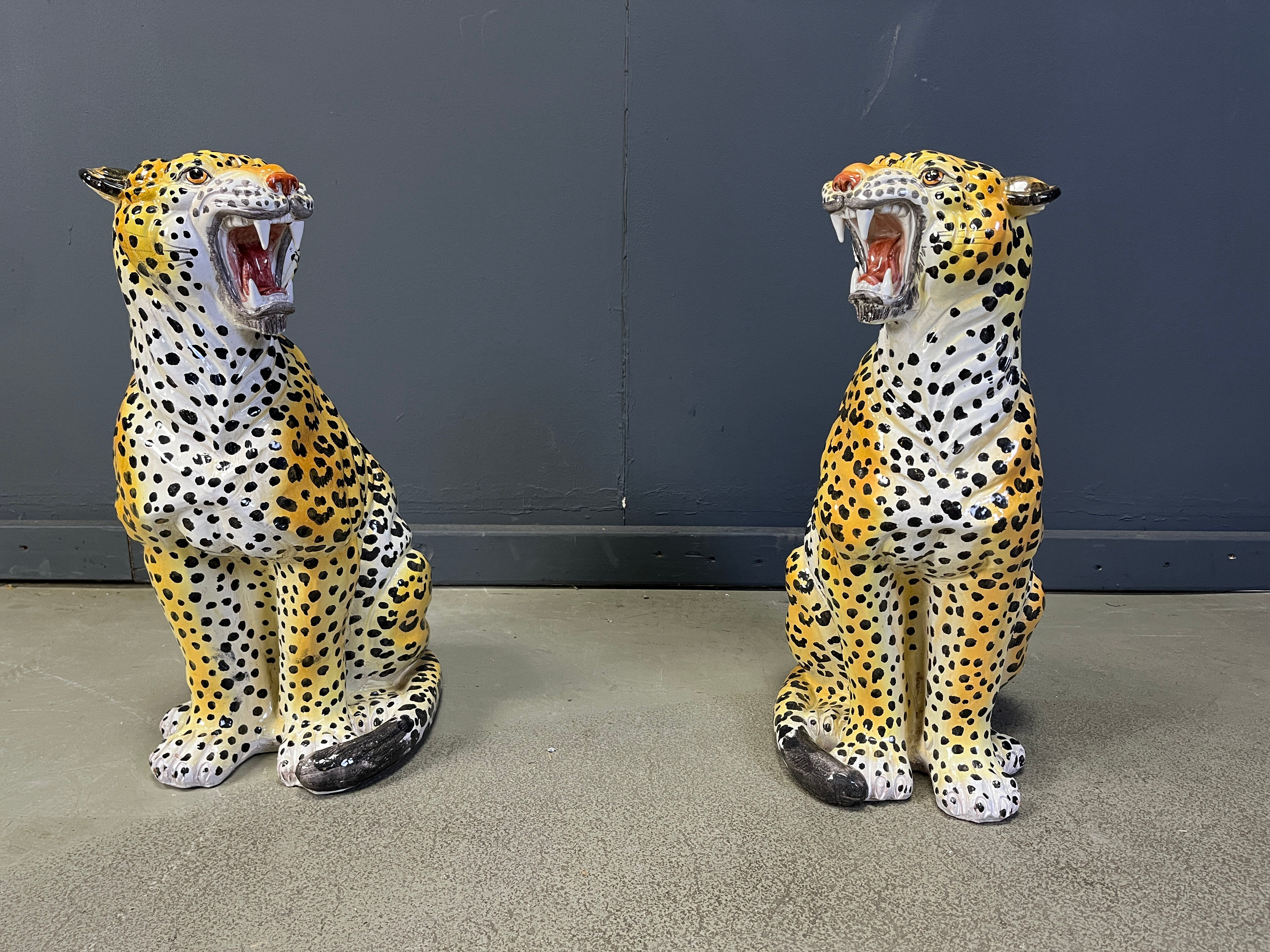 Pair of glazed terracotta leopard figures, Italian, 1960s.