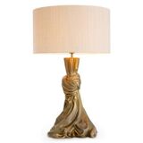 Pair of table lamps in patinated brass color, linen lampshade.