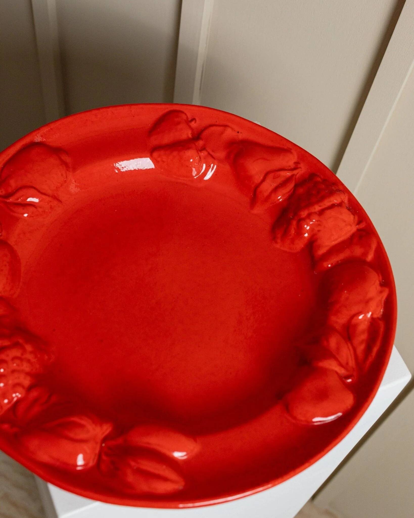 Red glazed ceramic fruit platter with three-dimensional fruit relief, vintage Italy 1980s, Mid-Century design