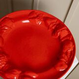 Red glazed ceramic fruit platter with three-dimensional fruit relief, vintage Italy 1980s, Mid-Century design