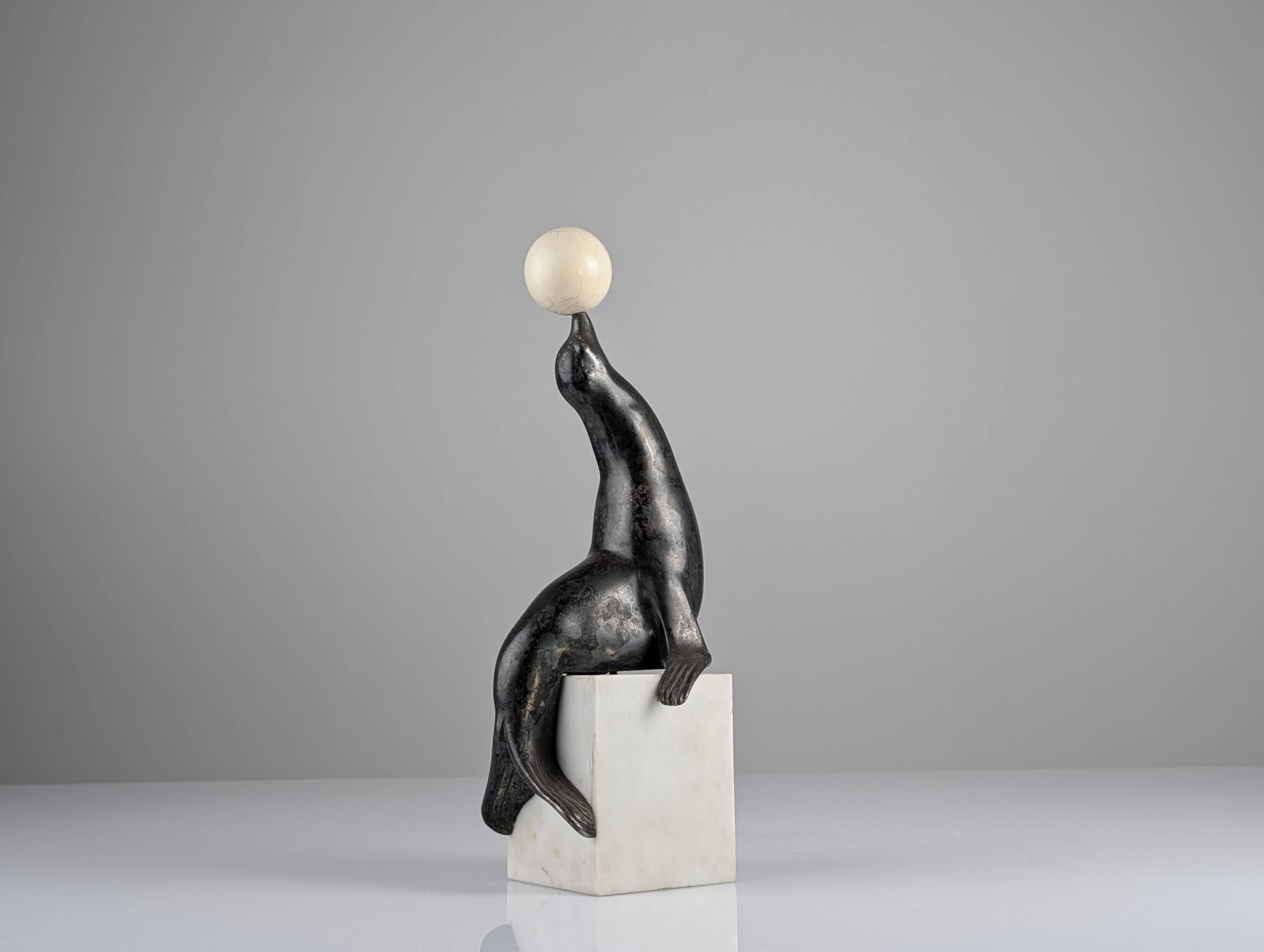 Art Deco Chryselephantine Sculpture Sea Lion att. Marcel-André Bouraine, 1900s