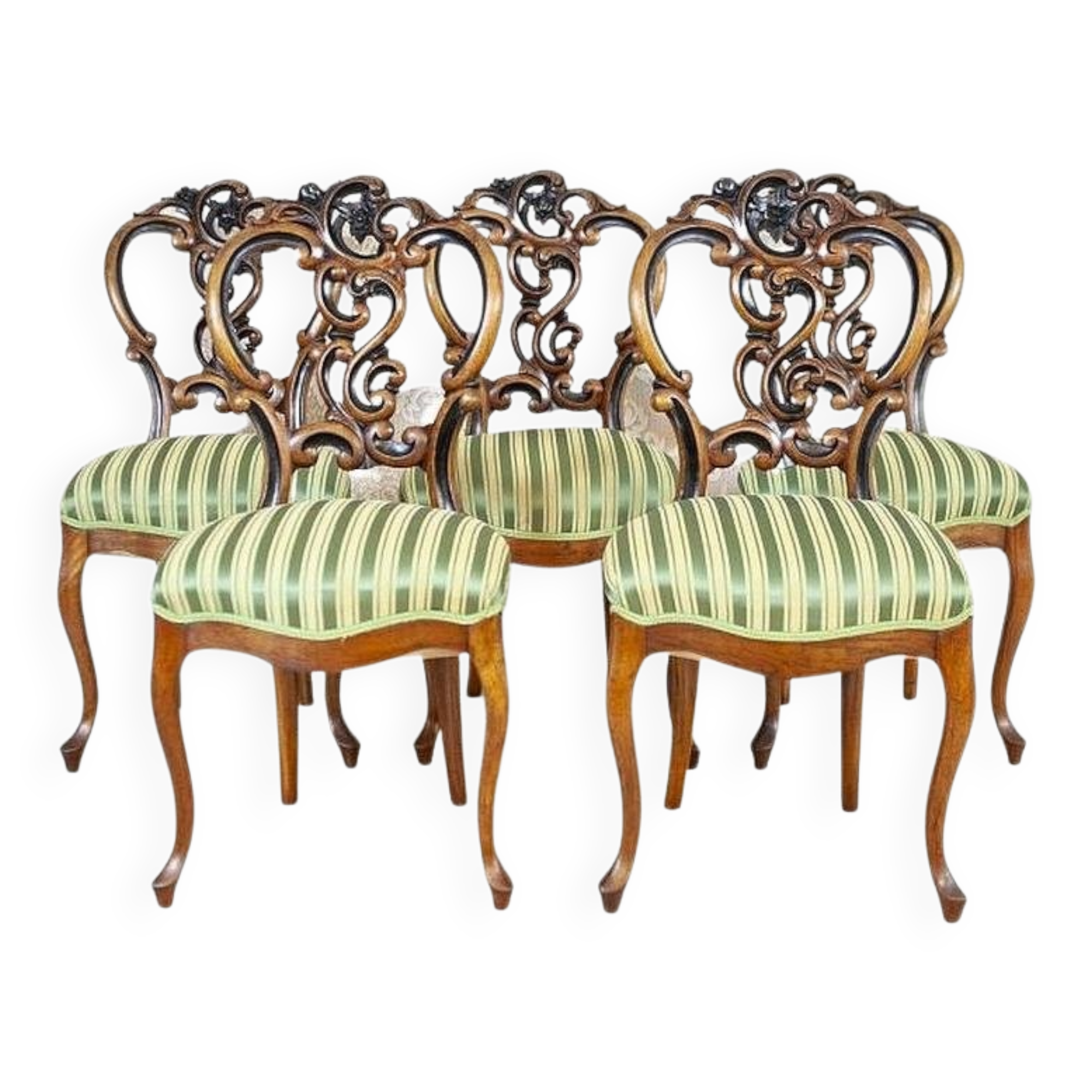 Vintage Walnut Chairs in Light Green, 1890s, Set of 5