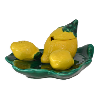 Service à condiments citron en faïence par la Société des Artisans Potiers à Vallauris