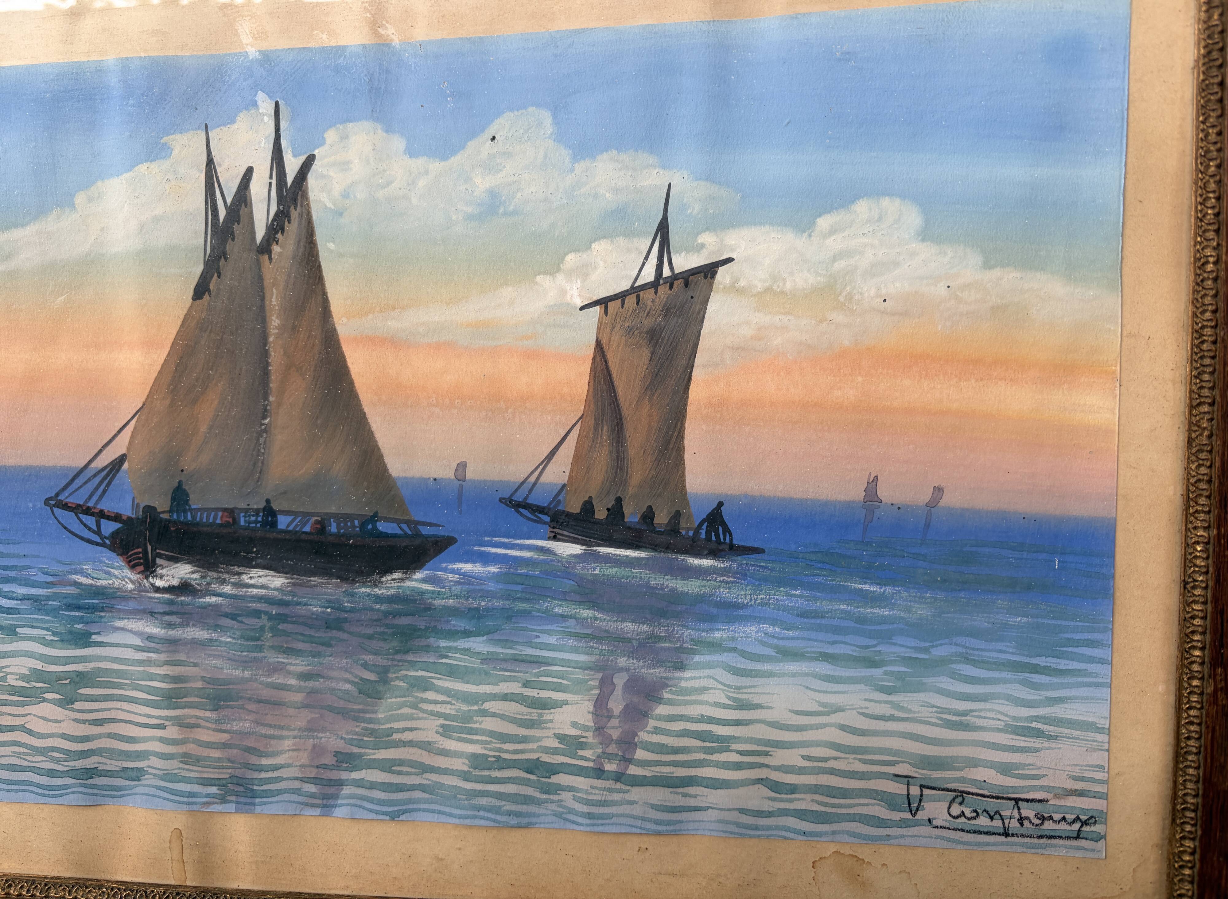 Marine at Sunset - Victor Contoux (19th Century) - Original Gouache