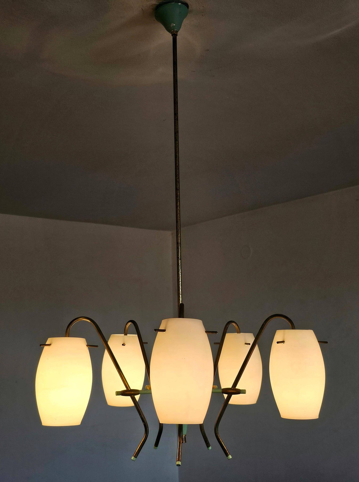 Opaline glass and brass chandelier mid-century Stilux Milano 1950s