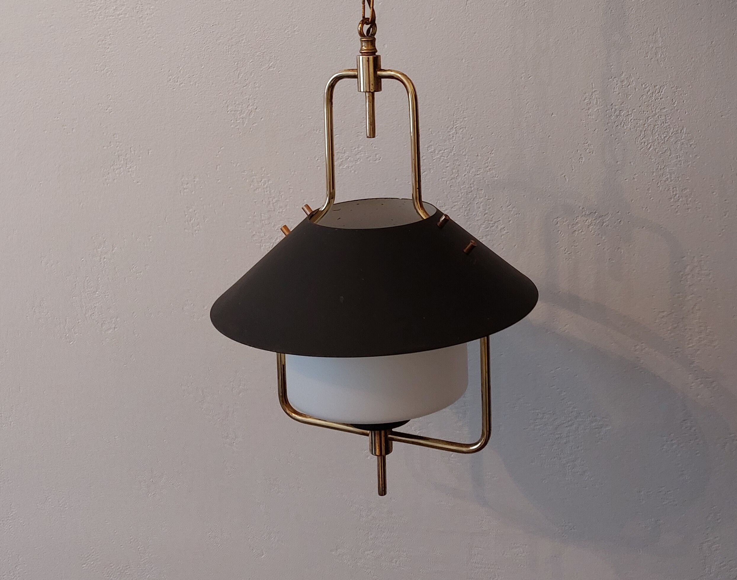 Lantern chandelier in brass and opaline glass 1940