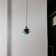 Vintage aluminum ceiling lamp in purple and green, Memphis/postmodern zigzag striped cable, bold pop-art pendant