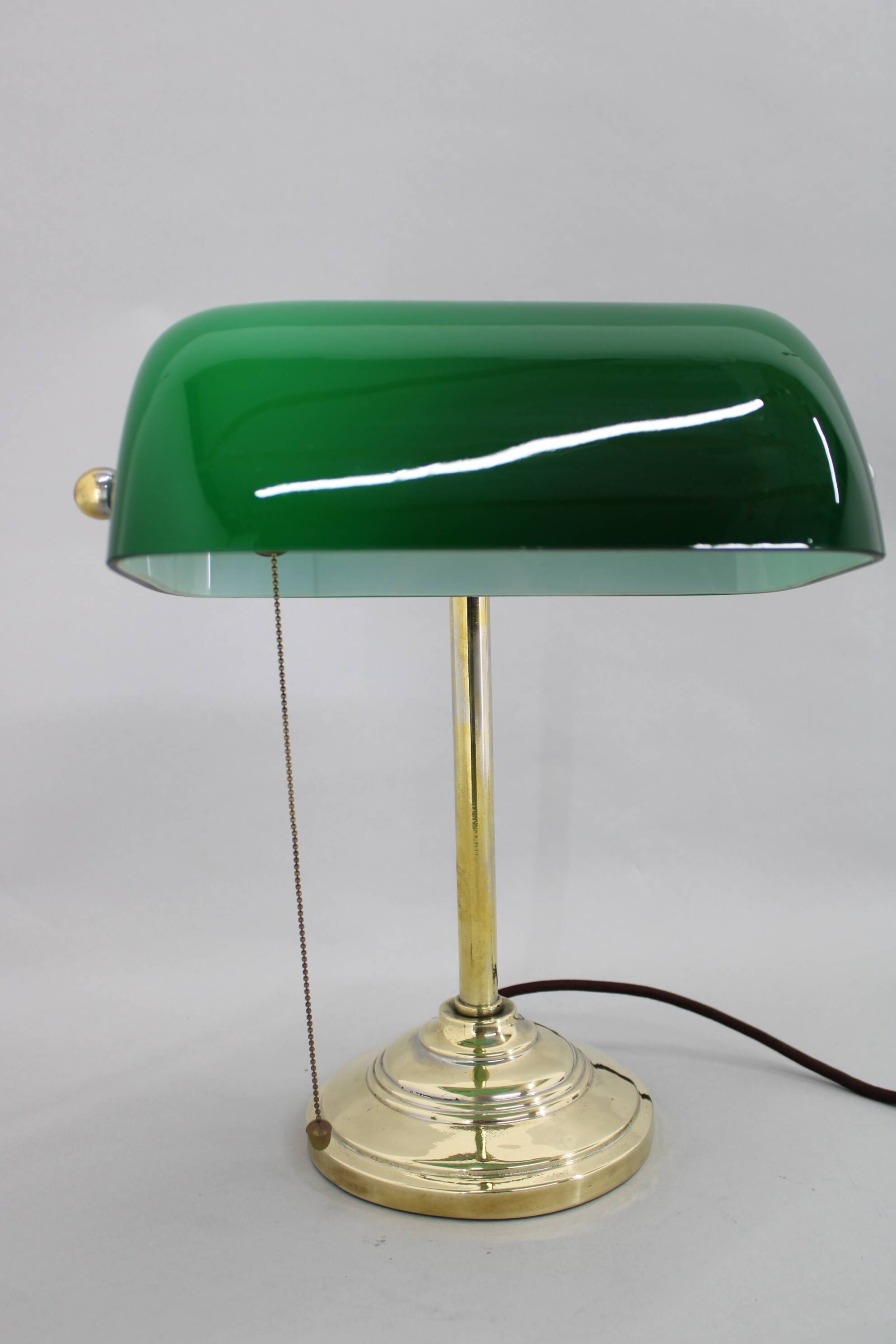 1930s Art Deco Brass  Banker Table Lamp with Glass Shade, Czechoslovakia