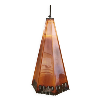 Older Danish cone-shaped hanging lamp in copper-colored lacquer with an inner contrasting shade.