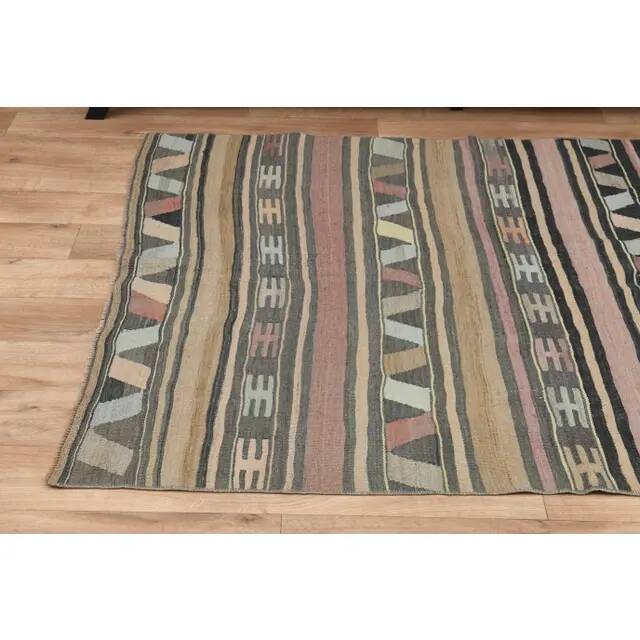 1970s Vintage Turkish Oushak Handmade Wool Cotton Brown Kilim Rug 148x174
