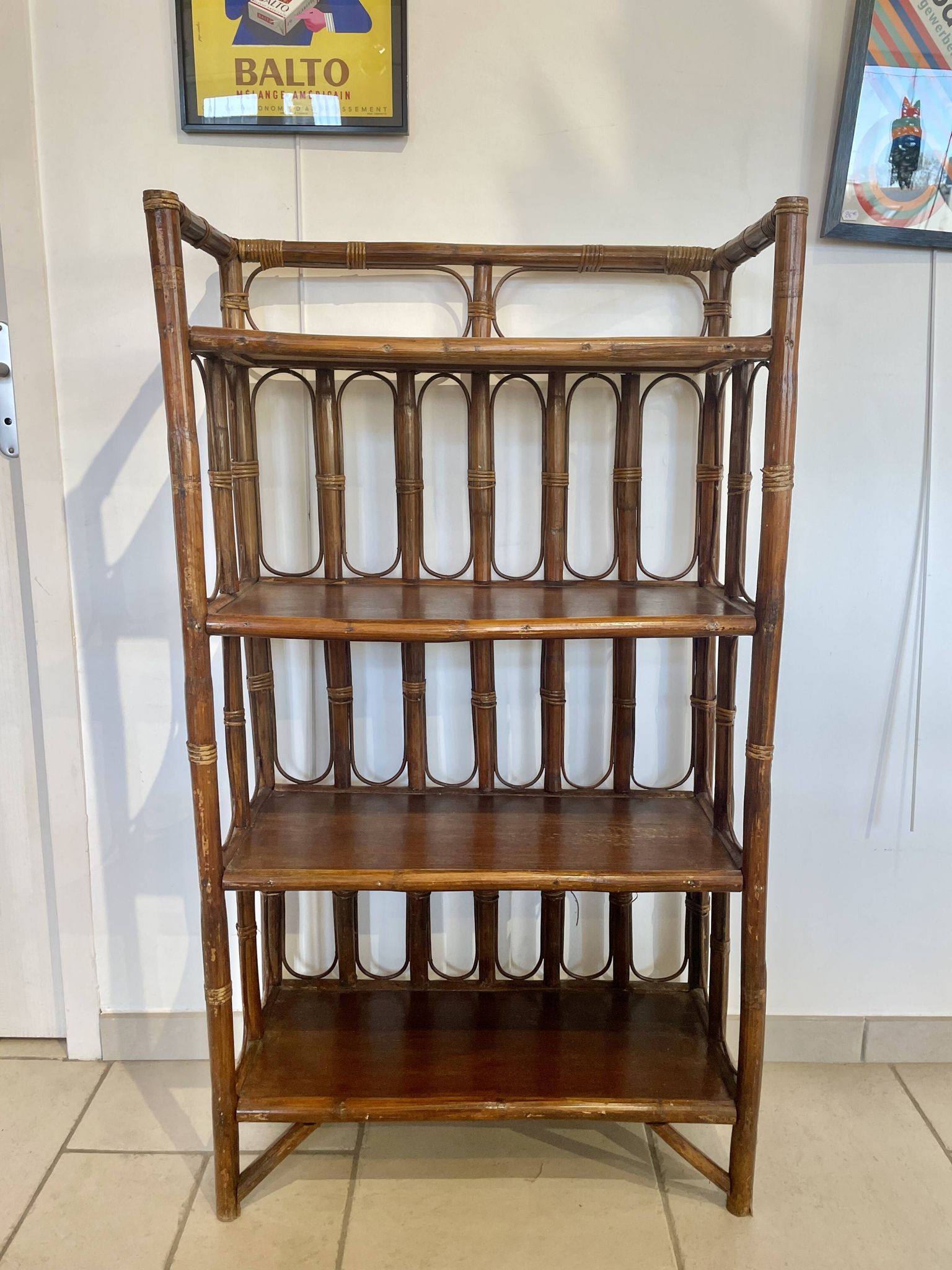 Shelf on rattan and bamboo legs from the 70s