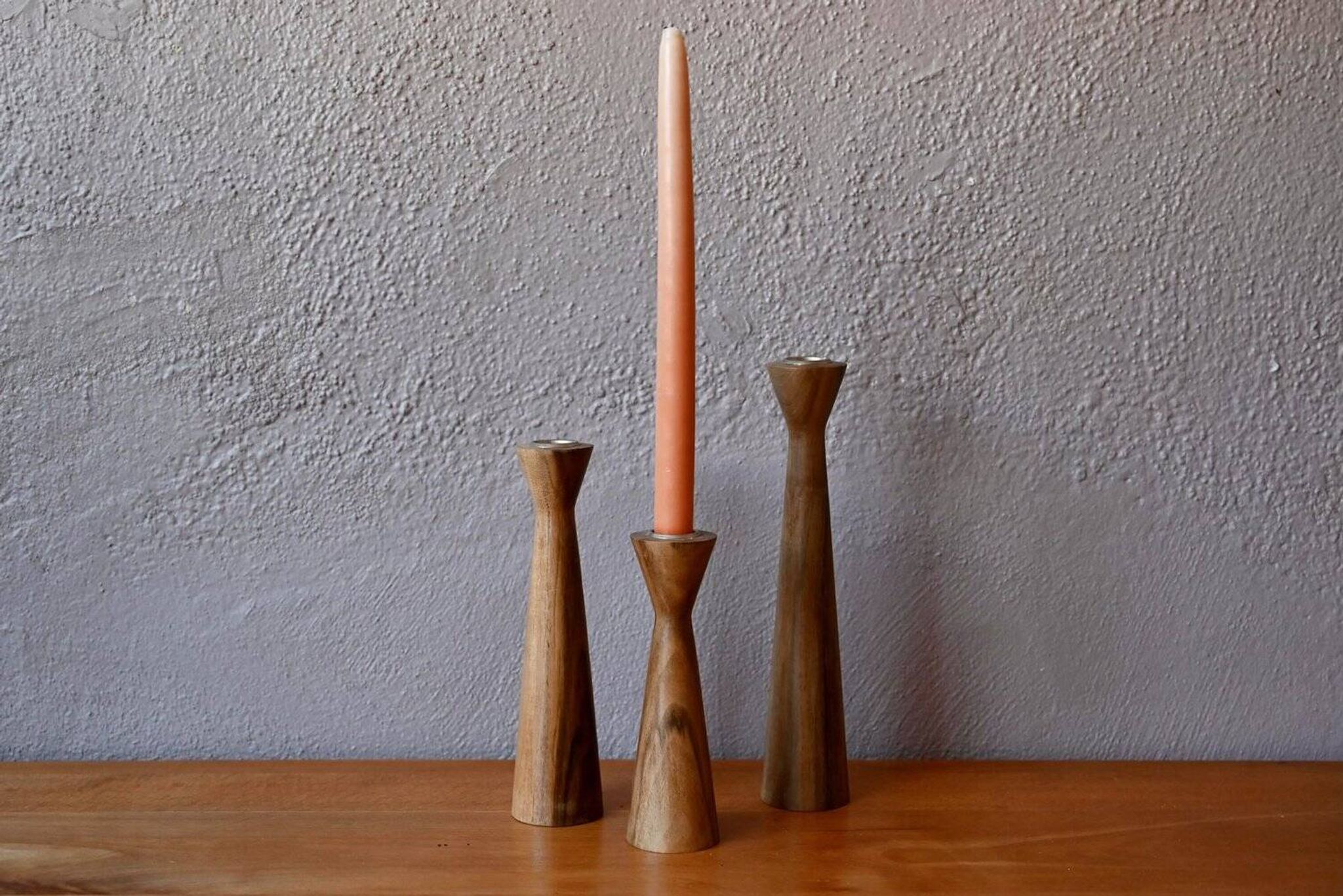 Set of three turned wooden candlesticks, Danish Scandinavian design, 1960s.