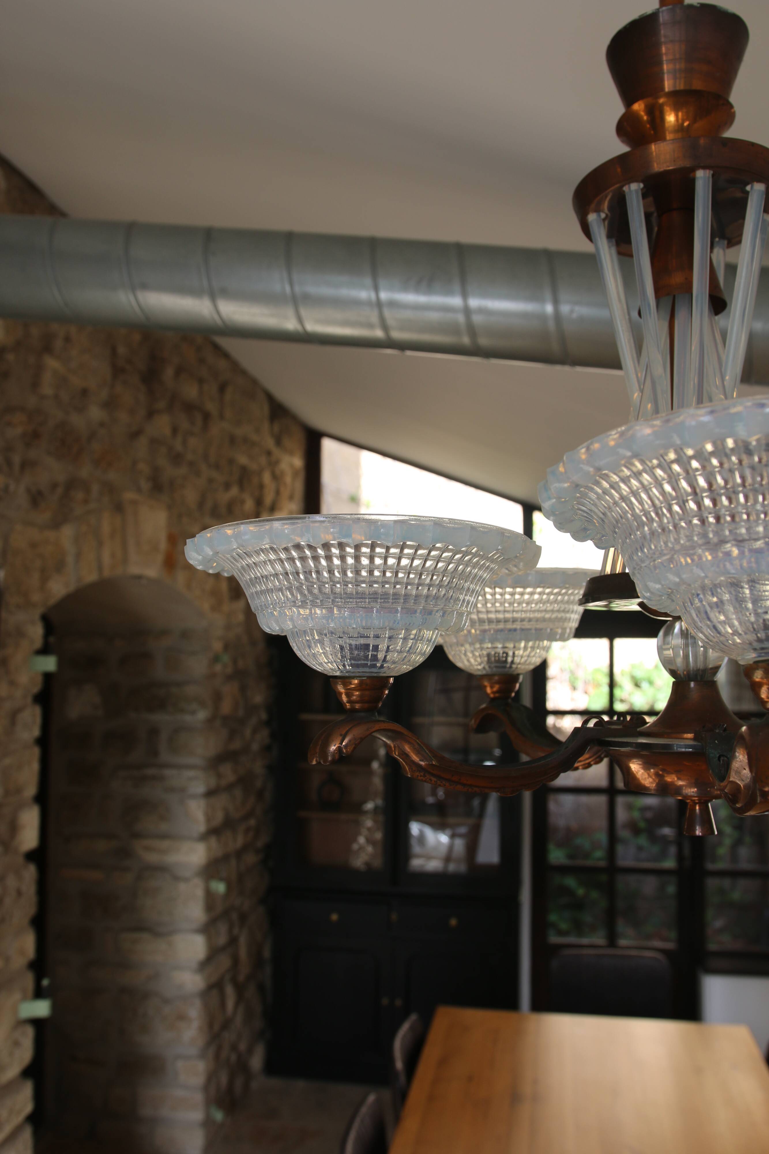 Art Deco lustre, opalescent glass, Ezan & Petitot, signed.