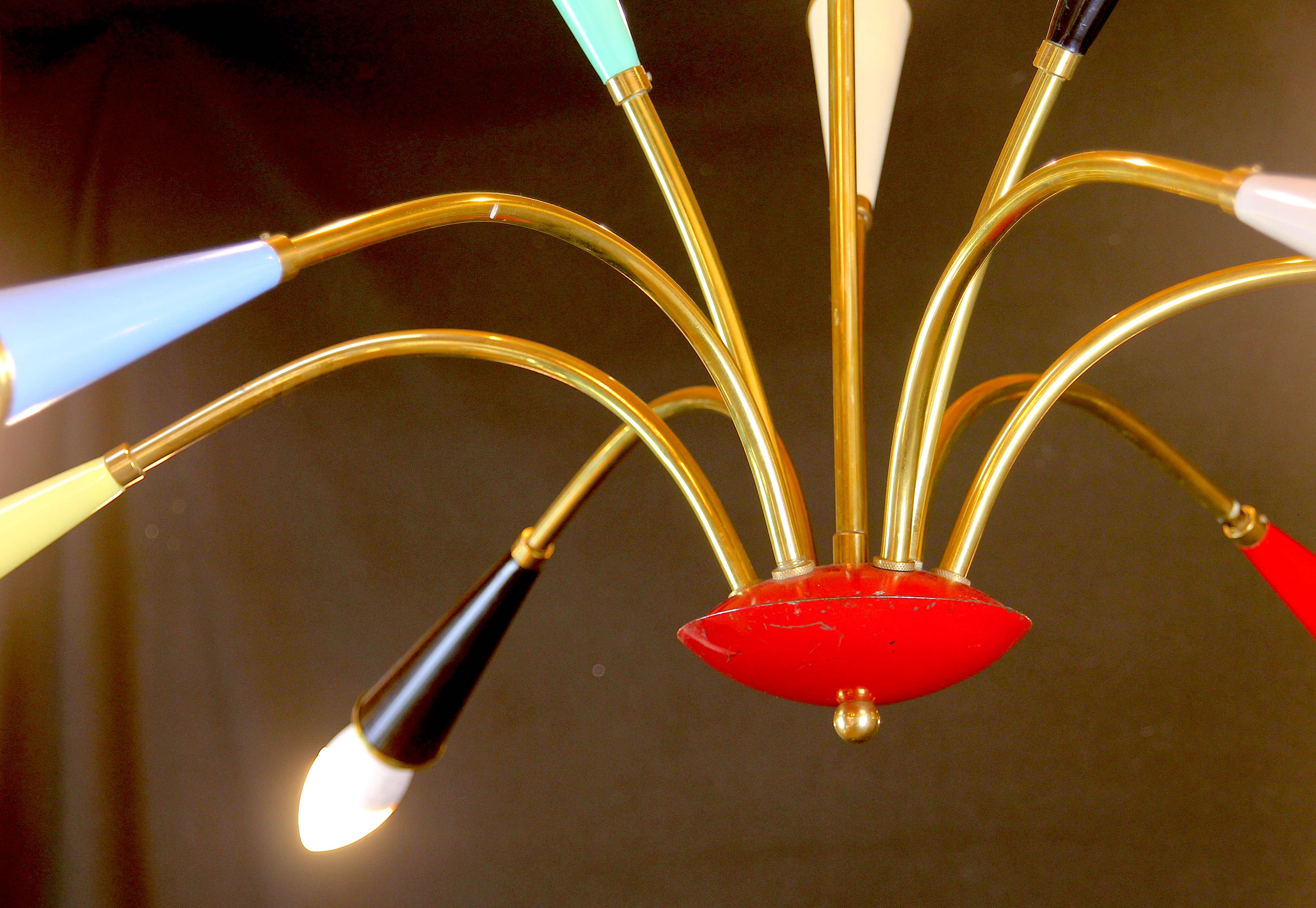 Colorful brass chandelier branch mid-century space age