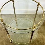 1970s mid-century modern Italian brass and glass round bar cart, Italy.