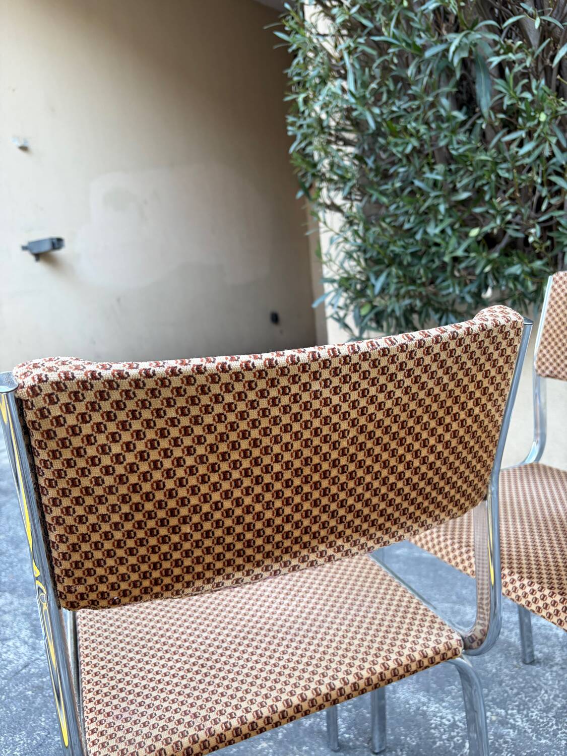 Pair of vintage velvet patterned chairs/steel from the 70s.